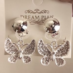 3 for $18 Silver Rhinestone Butterfly Dangling CLIP ON Earrings NWT